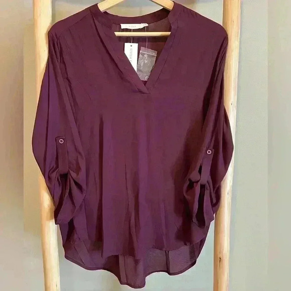 NWT LushTop Womens S burgundy Purple Roll Tab Sleeve Pullover Blouse - Picture 1 of 8